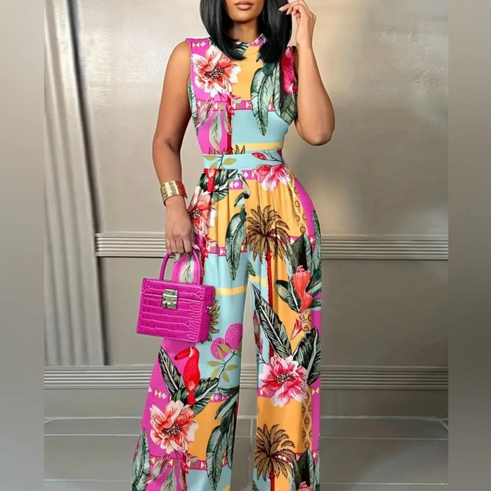 Bohemian Chic Floral Print Wide Leg Jumpsuit - Lightweight, Sleeveless & Flowy - Picture 2 of 7